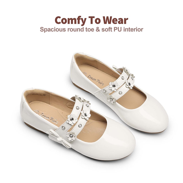 Girls Flower Pearls Bow Mary Jane Flats - WHITE - 3